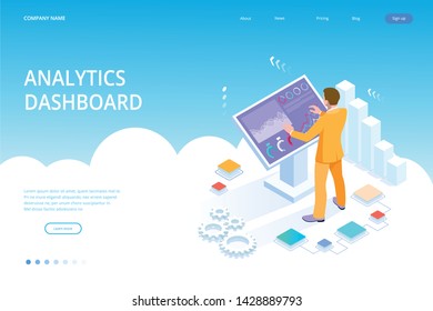 Isometric male in front of the big screen for data analysis. Statistics and business statement, Analytics dashboard, business analysis concept