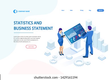 Isometric male in front of the big screen for data analysis. Statistics and business statement, Analytics dashboard, business analysis concept