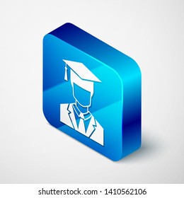 Isometric Male graduate student profile with gown and graduation cap icon isolated on white background. Blue square button. Vector Illustration