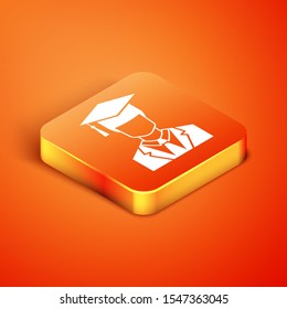 Isometric Male graduate student profile with gown and graduation cap icon isolated on orange background.  Vector Illustration