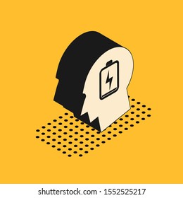 Isometric Male head with low battery icon isolated on yellow background. Tired man.  Vector Illustration