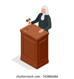 Isometric male judge in a wig with a hammer. Law and justice concept. Vector illustration.