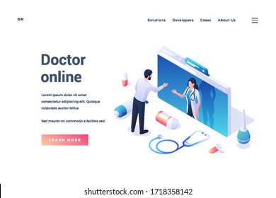 Isometric male patient communicating with female doctor on Internet while using modern service of online doctor isolated on white background. Isometric web banner, landing page template