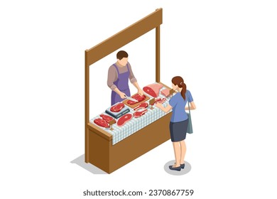 Isometric male seller at place for selling meat and pork chops on local farmers' market. Meat displayed for sale in butcher s shop. Street fresh meat store.