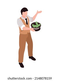 Isometric male street artist wearing suit begging for money with hat 3d vector illustration