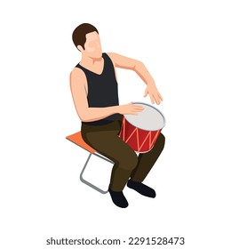 Isometric male street musician playing drum 3d vector illustration