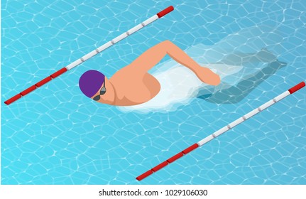 Isometric male swimmers doing free style in different swimming lanes.