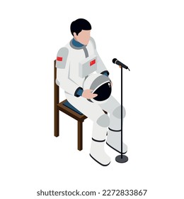 Isometric male taikonaut in spacesuit in front of microphone 3d vector illustration