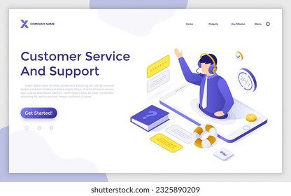 Isometric Male Technical Support Operator Wearting Headset on Smartphone Screen. Customer Service and Support isometric landing page template. Answers on questions and solving problems