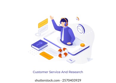 Isometric Male Technical Support Operator Wearting Headset on Smartphone Screen. Customer Service and Support isometric conceptual template. Answers on questions and solving problems