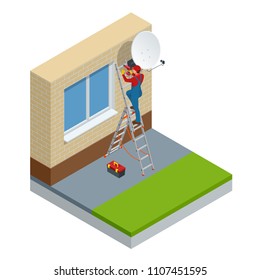 Isometric male technician in uniform installing TV Satellite dish on wall. Adjustment of a satellite plate. Vector illustration