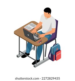 Isometric male university high school student working on laptop at desk in classroom vector illustration