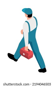 Isometric male worker in uniform walking with tool kit back view 3d vector illustration