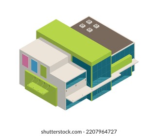 Edificio del centro comercial Isometric Mall con ventanas de vidrio publicidad banners 3d ilustración vectorial