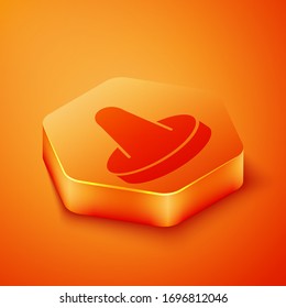 Isometric Mallet and puck for playing air hockey game icon isolated on orange background. Orange hexagon button. Vector Illustration