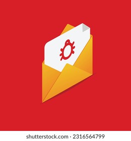 Icono de malware isométrico, concepto de correo electrónico de phishing, archivo de error que emerge de un ataque de malware envuelto, archivo de error que emerge desde enenvolver