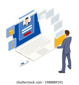 Isometric man analyzes the database of employees or personnel. Protection of personal data. Data processing. HR manager. Artificial intelligence working for big data analysis.