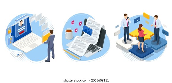 Isometric man analyzes the database of employees or personnel. Protection of personal data. Data processing. HR manager. Artificial intelligence working for big data analysis