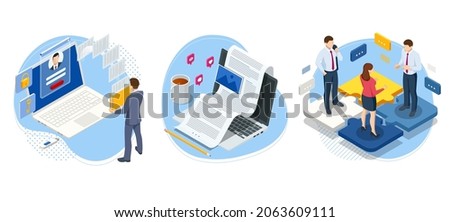 Isometric man analyzes the database of employees or personnel. Protection of personal data. Data processing. HR manager. Artificial intelligence working for big data analysis