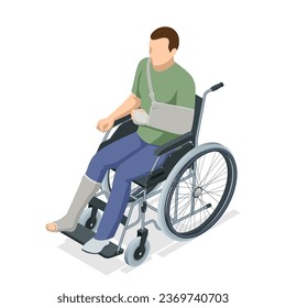 Isometric man with an arm injury and a leg injury in a cast sits in a wheelchair. Social security and health insurance concept.