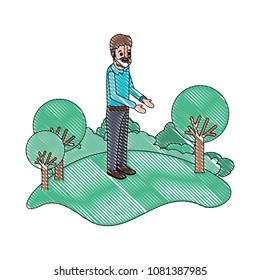 isometric man with beard in field landscape avatar character