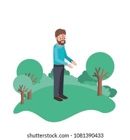 isometric man with beard in field landscape avatar character