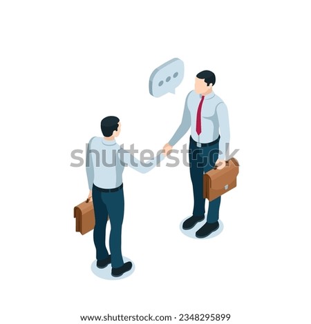 isometric man with a briefcase greeting another man in color on a white background, shaking hands or reaching an agreement
