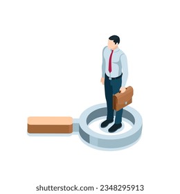 isometric man with a briefcase and a magnifying glass in color on a white background, labor exchange or personnel and employee search