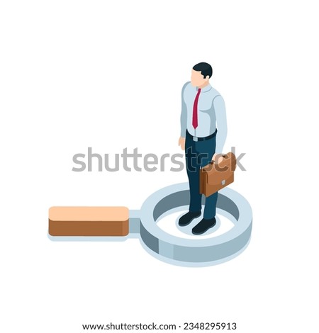 isometric man with a briefcase and a magnifying glass in color on a white background, labor exchange or personnel and employee search