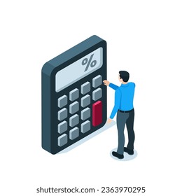 isometric man and calculator, in color on a white background, counting or accounting