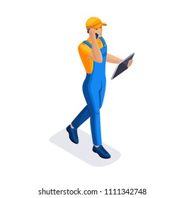 Isometric man calls up the time of delivery of the goods. Fast delivery van. Delivery man. 3D character of emotion. Vector illustration