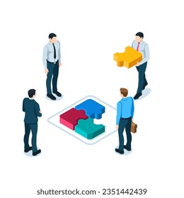 isometric man carries a puzzle piece in color on a white background, teamwork on a single project or achieving a joint goal