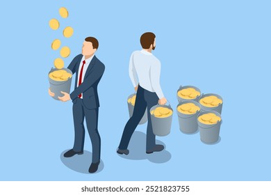Homem isométrico pega moedas em um balde. Muito dinheiro. Sucesso no investimento, negócios, loteria. Sucesso, trabalho remoto. Conceito de ganho, gasto e economia de dinheiro