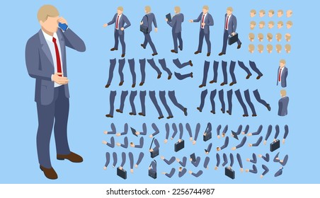 Isometric man character constructor for designe. Set of businessman character flat style illustration isolated on background.