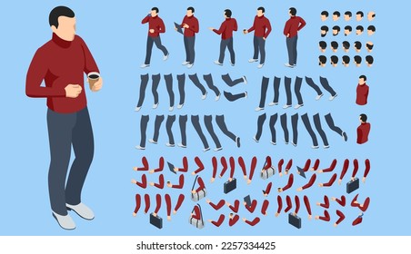 Isometric man character constructor for designe. Set of man character flat style illustration isolated on background.