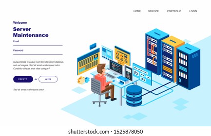 ISOMETRIC MAN CHARACTER ENGINEER IN DATA CENTER ROOM MAINTENANCE THE COMPUTER SERVER ILLUSTRATION. YOU CAN USE IT AS WEB PAGE TEMPLATE OR ANYTHING ELSE. EDITABLE TEXT, COLOR AND VECTOR - VECTOR
