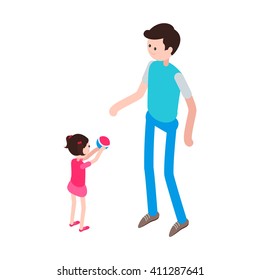 Isometric man and child. Icon dad with daughter isolated on a white background. A young man plays with a child. Vector illustration.