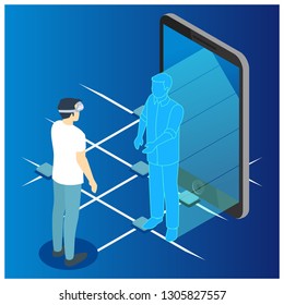 Isometric man communicates with a futuristic abstract smartphone screen hologram. Business conference. The concept of network, communication, business, technology, augmented reality - Vector