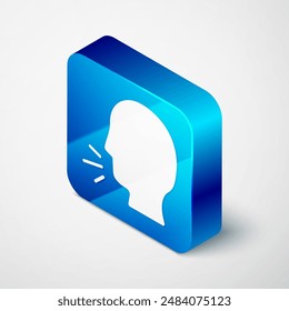 Isometric Man coughing icon isolated on grey background. Viral infection, influenza, flu, cold symptom. Tuberculosis, mumps, whooping cough. Blue square button. Vector.