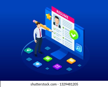 Isometric man and cv resume documents. Recruiting advertisement, Job opportunity. Searching professional staff, work, analyzing resume, documents papers
