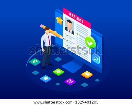 Isometric man and cv resume documents. Recruiting advertisement, Job opportunity. Searching professional staff, work, analyzing resume, documents papers