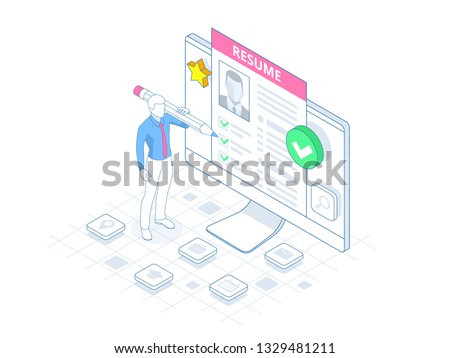 Isometric man and cv resume documents. Recruiting advertisement, Job opportunity. Searching professional staff, work, analyzing resume, documents papers