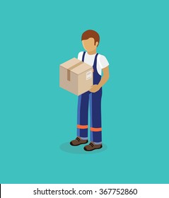 Isometric man delivery of box isolated design. 3D ?ourier service postman