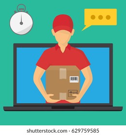 Isometric man, delivery concept. Man and parcel, isolated design. Vector icon