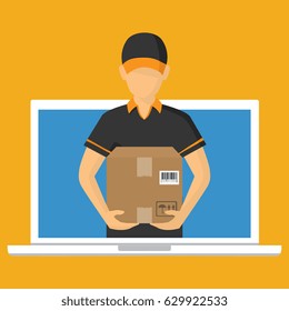 Isometric man, delivery concept. Man and parcel, isolated design. Vector icon