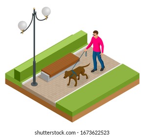 Isometric man with a dog on a leash. Man and dog walk in the park.