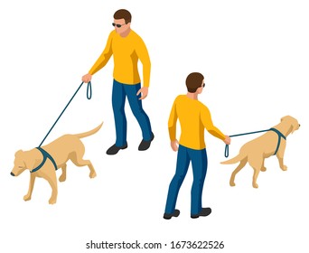 Isometric man with a dog on a leash. Man and dog walk in the park.