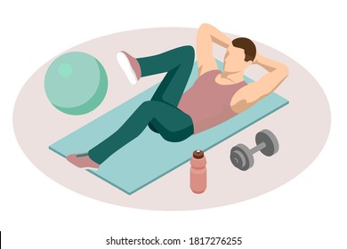 Isometric man doing fitness exercises. Sporty man in sportswear pumping press lying on mat in gym.