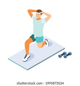 Isometric man doing fitness on mat vector illustration