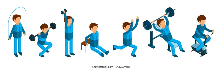 Isometric man doing sport exercises. Male fitness and gym characters isolated on white background. Doing fitnes and sport exercise, isometric people workout illustration